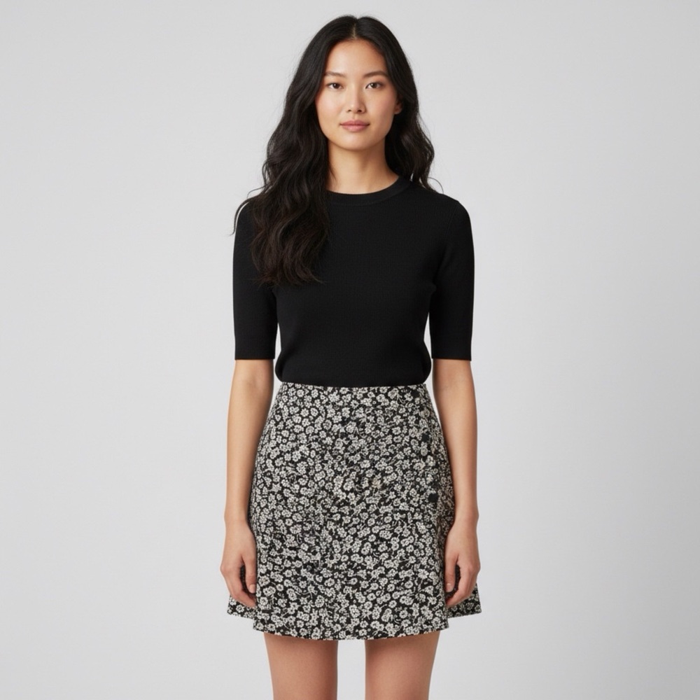 LOFT Black‎ White Floral A-Line Mini Skirt Women’s Medium Side Button